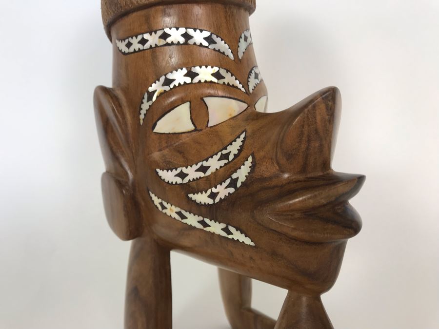 Wooden Carved Figure-Head Sculpture With Mother Of Pearl Inlay Tribal Figure From Solomon Islands 3.5W X 5.5D X 10H [Photo 3]