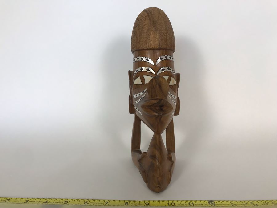 Wooden Carved Figure-Head Sculpture With Mother Of Pearl Inlay Tribal Figure From Solomon Islands 3.5W X 5.5D X 10H [Photo 5]