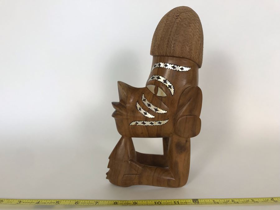 Wooden Carved Figure-Head Sculpture With Mother Of Pearl Inlay Tribal Figure From Solomon Islands 3.5W X 5.5D X 10H [Photo 6]