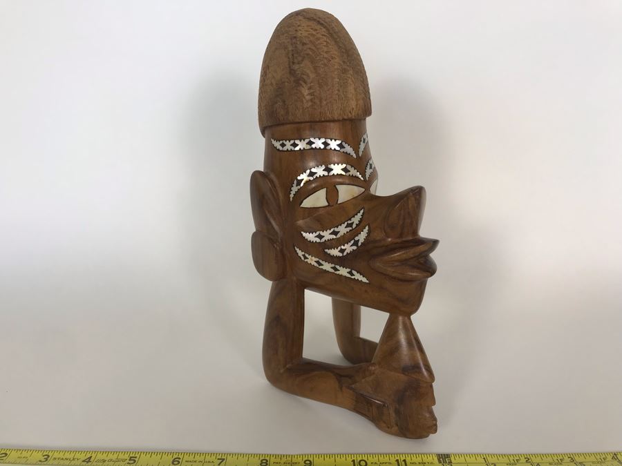 Wooden Carved Figure-Head Sculpture With Mother Of Pearl Inlay Tribal Figure From Solomon Islands 3.5W X 5.5D X 10H [Photo 2]