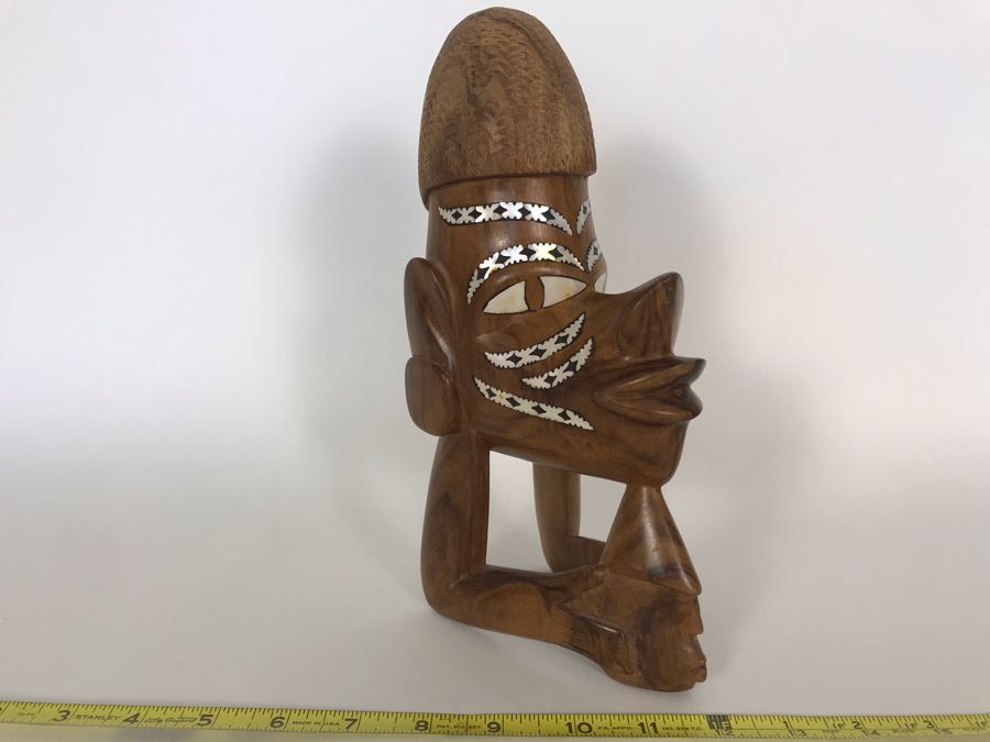 Wooden Carved Figure-Head Sculpture With Mother Of Pearl Inlay Tribal Figure From Solomon Islands 3.5W X 5.5D X 10H