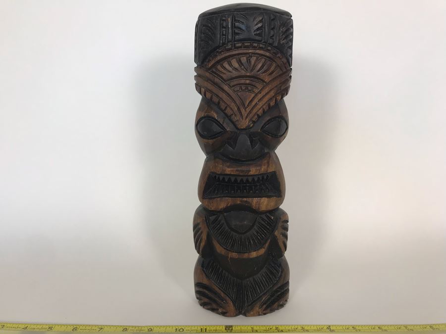 Hawaiian Hand Carved Tiki Sculputer (Eyes Up) Prosperity, Love & Peace By Kalolo Tangatailoa 4.5W X 2D X 12H [Photo 1]