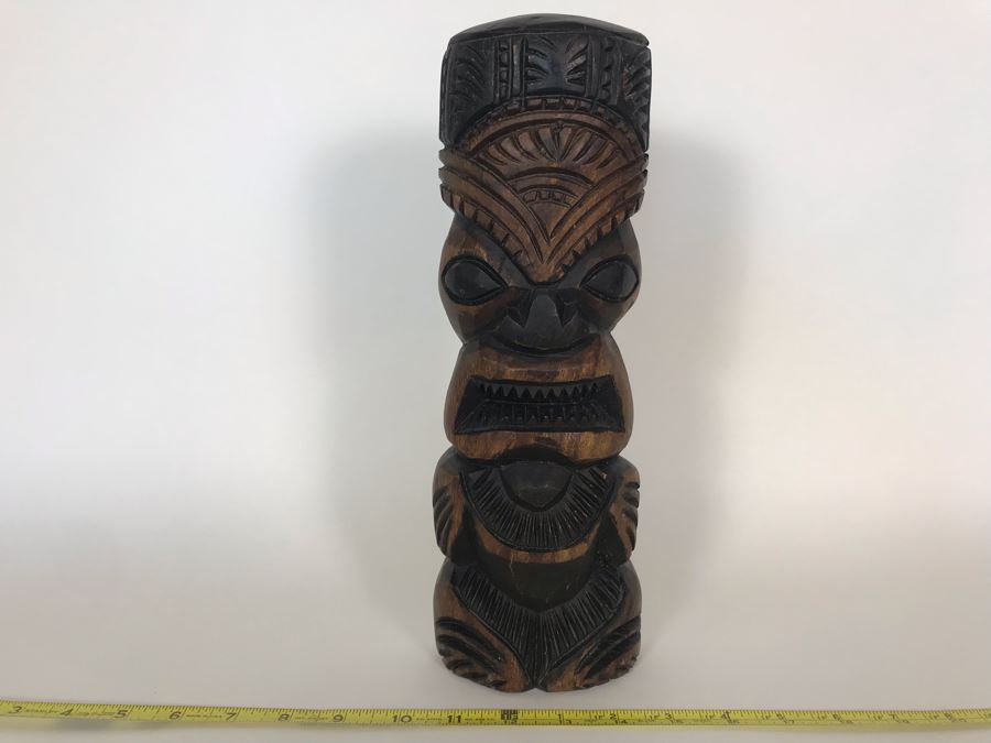 Hawaiian Hand Carved Tiki Sculputer (Eyes Up) Prosperity, Love & Peace By Kalolo Tangatailoa 4.5W X 2D X 12H [Photo 2]