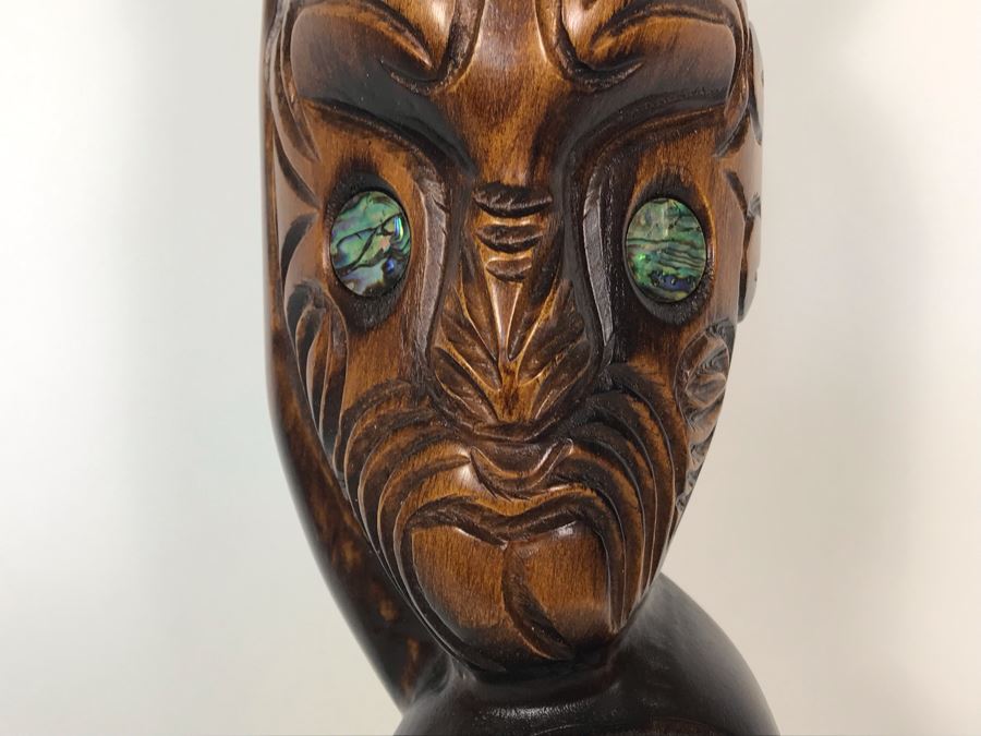 Hand Carved Wooden New Zealand Teko Teko Sculpture With Paua Shell Eyes By Te Karuhiruhi [Photo 3]