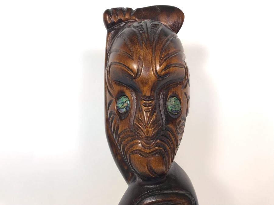 Hand Carved Wooden New Zealand Teko Teko Sculpture With Paua Shell Eyes By Te Karuhiruhi [Photo 2]