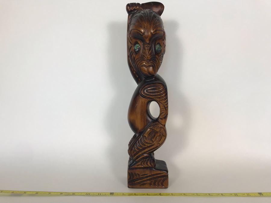 Hand Carved Wooden New Zealand Teko Teko Sculpture With Paua Shell Eyes By Te Karuhiruhi