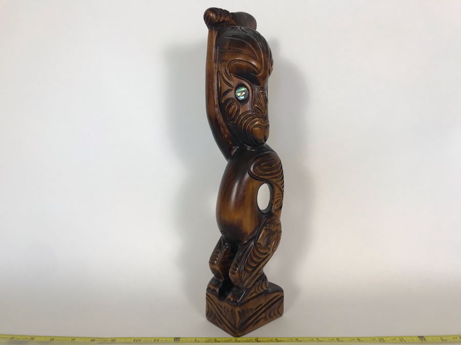 Hand Carved Wooden New Zealand Teko Teko Sculpture With Paua Shell Eyes By Te Karuhiruhi [Photo 6]