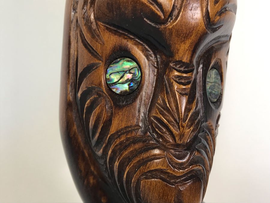 Hand Carved Wooden New Zealand Teko Teko Sculpture With Paua Shell Eyes By Te Karuhiruhi [Photo 4]