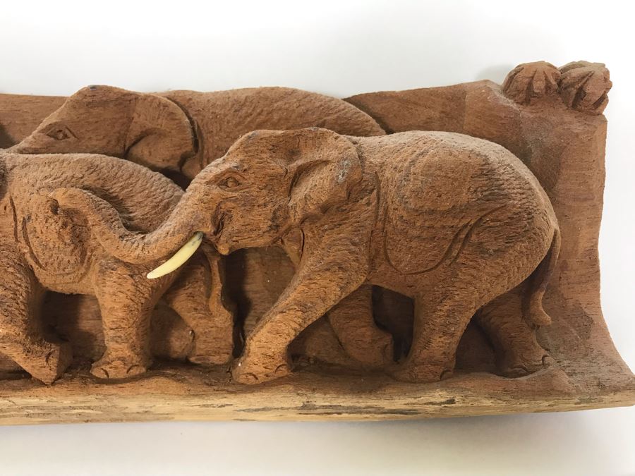 Relief Carved Elephant Herd Sculpture 12.5W X 3D X 5H