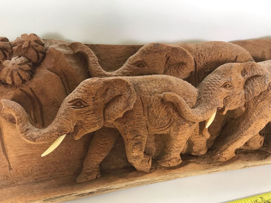 Relief Carved Elephant Herd Sculpture 12.5W X 3D X 5H