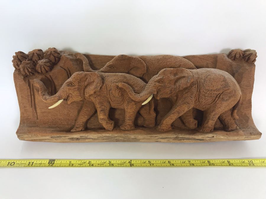 Relief Carved Elephant Herd Sculpture 12.5W X 3D X 5H