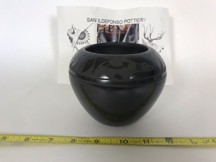 Signed Native American San Ildefonso Black-On-Black Pottery By Alfred Aguilar 4.5W X 4H