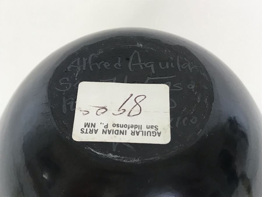 Signed Native American San Ildefonso Black-On-Black Pottery By Alfred Aguilar 4.5W X 4H [Photo 7]