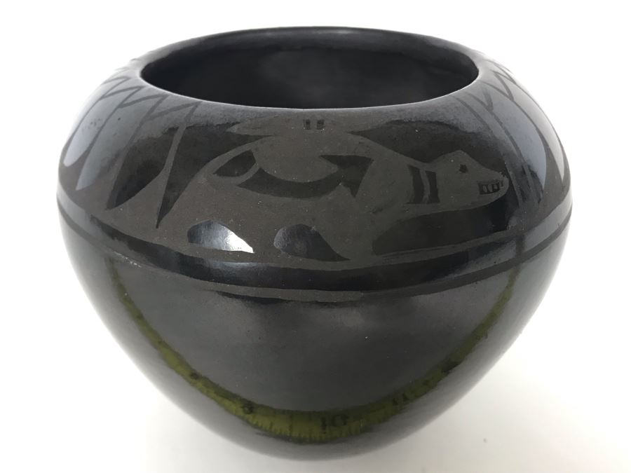 Signed Native American San Ildefonso Black-On-Black Pottery By Alfred Aguilar 4.5W X 4H [Photo 3]