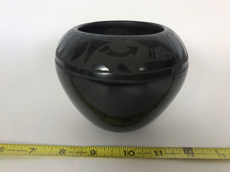 Signed Native American San Ildefonso Black-On-Black Pottery By Alfred Aguilar 4.5W X 4H [Photo 2]