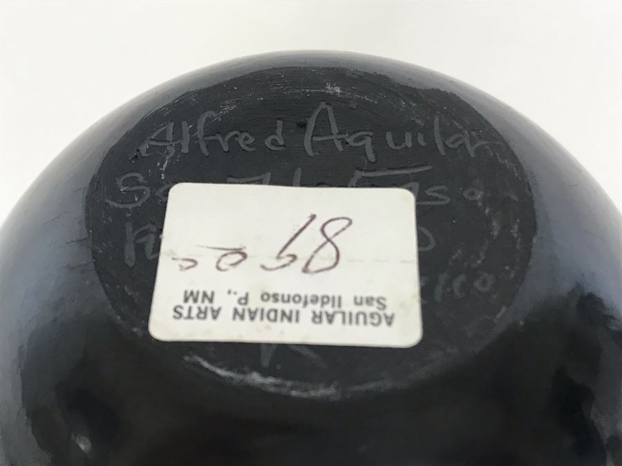 Signed Native American San Ildefonso Black-On-Black Pottery By Alfred Aguilar 4.5W X 4H [Photo 6]