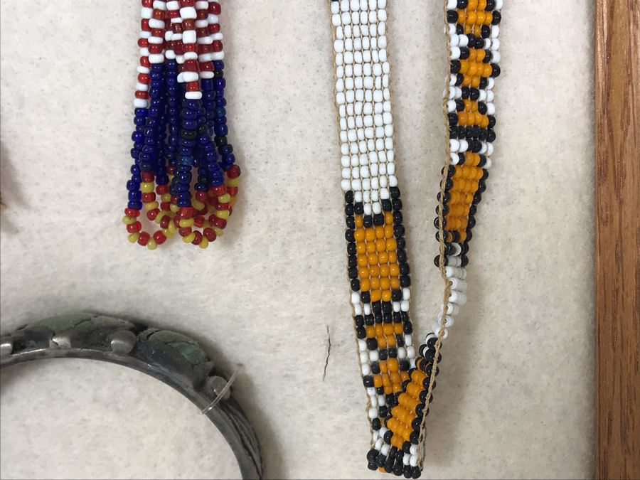 Framed Old Native American Beaded Jewelry And Silver Turqoise Bracelet [Photo 7]