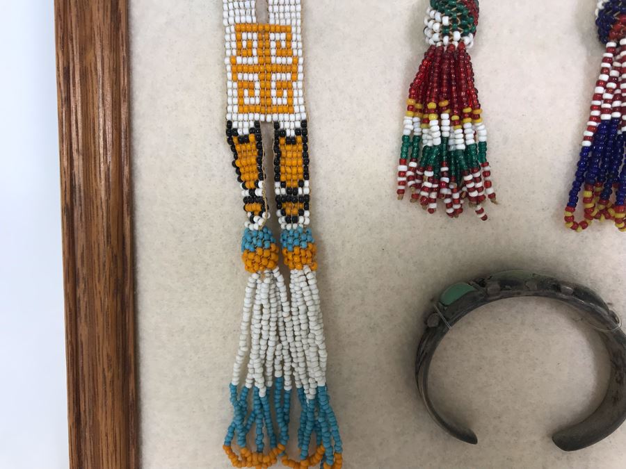Framed Old Native American Beaded Jewelry And Silver Turqoise Bracelet [Photo 4]