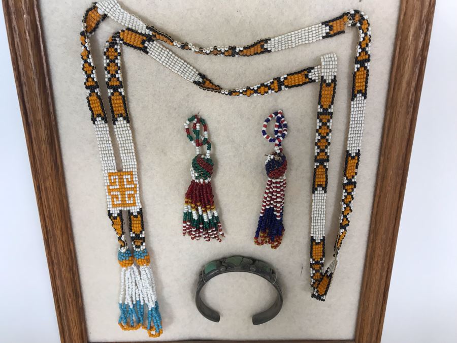 Framed Old Native American Beaded Jewelry And Silver Turqoise Bracelet [Photo 3]