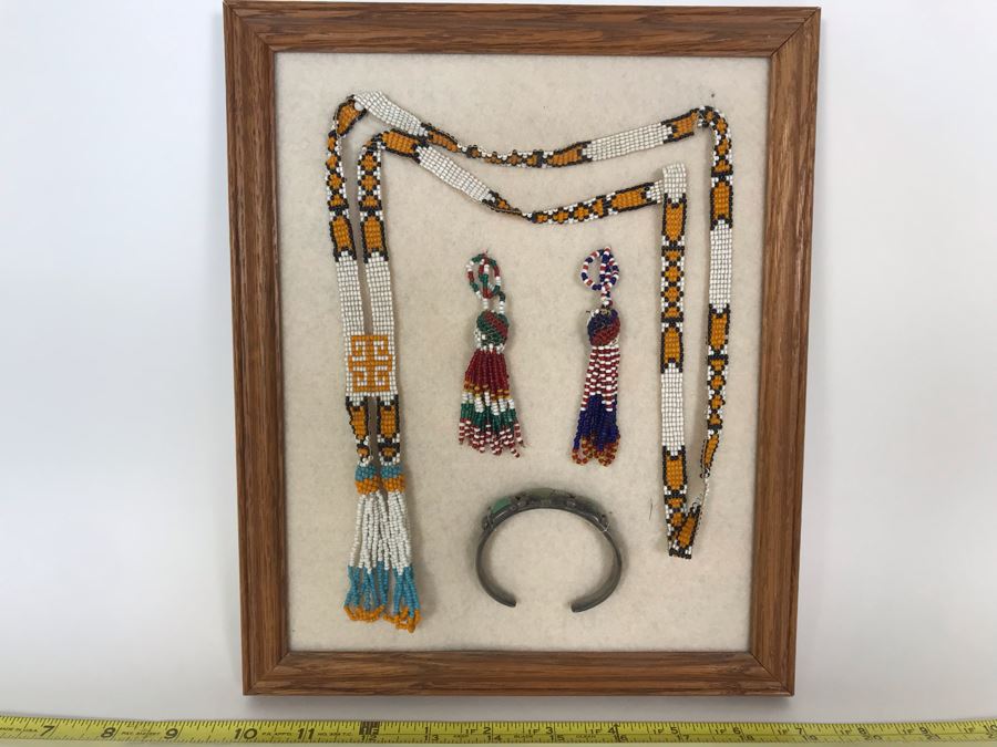 Framed Old Native American Beaded Jewelry And Silver Turqoise Bracelet [Photo 1]