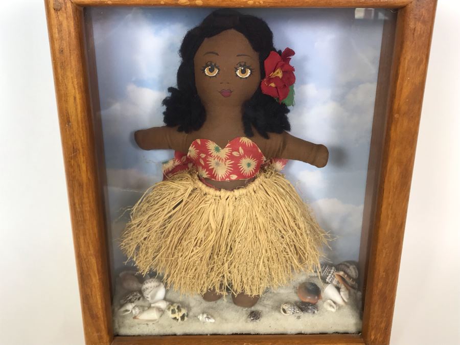Vintage Hawaiian Doll In Shadowbox Frame 9W X 2.5D X 11H