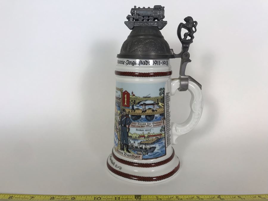 Vintage German Beer Stein With Train On Lid 9.5H [Photo 6]