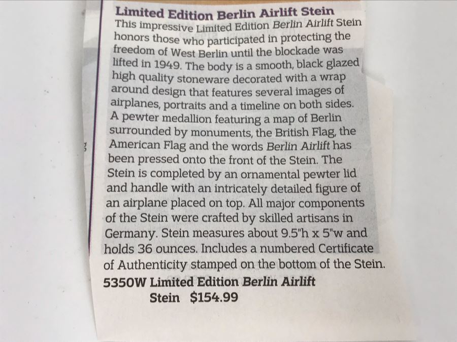 Limited Edition German Platinum Berlin Airlift Beer Stein 9.5H Retailed For $154 [Photo 12]