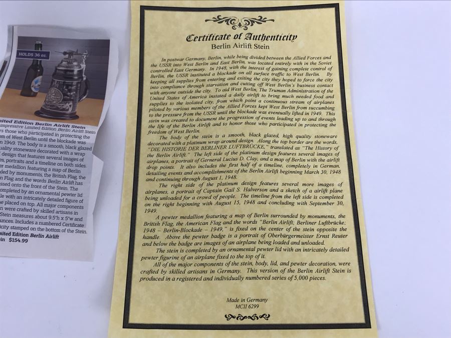 Limited Edition German Platinum Berlin Airlift Beer Stein 9.5H Retailed For $154 [Photo 13]