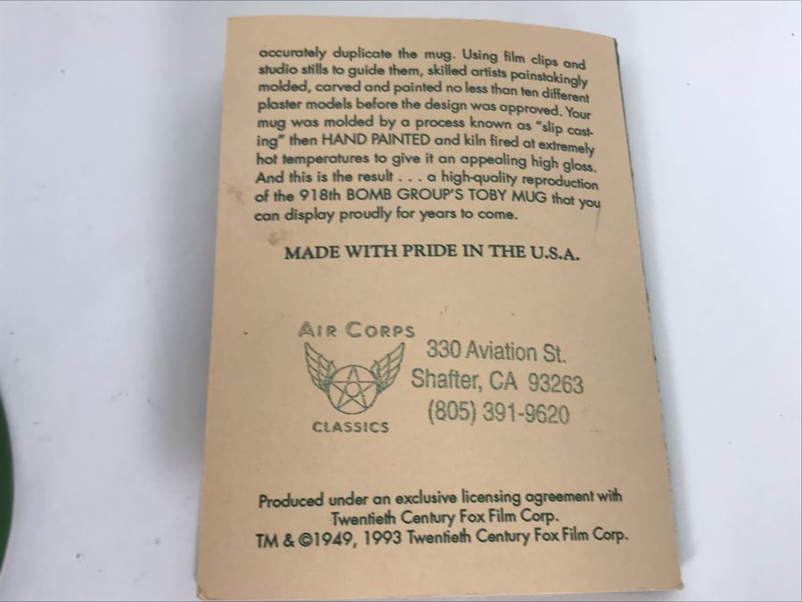 Reproduction Movie Prop Air Corps Classics Toby Mug From 1949 Movie Twelve O'Clock High! Twentieth Century Fox 8H [Photo 5]
