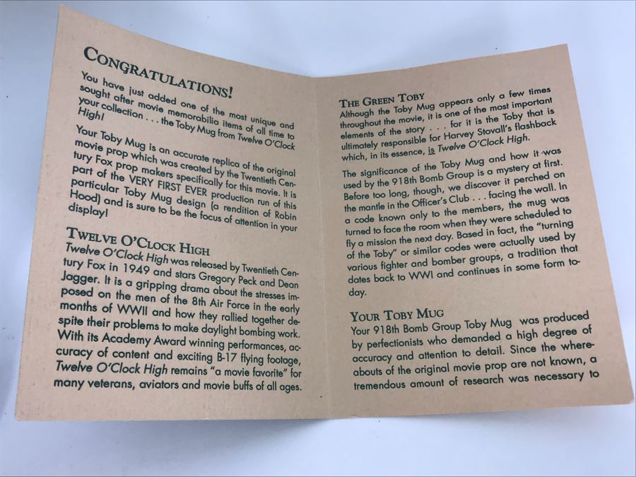 Reproduction Movie Prop Air Corps Classics Toby Mug From 1949 Movie Twelve O'Clock High! Twentieth Century Fox 8H [Photo 6]