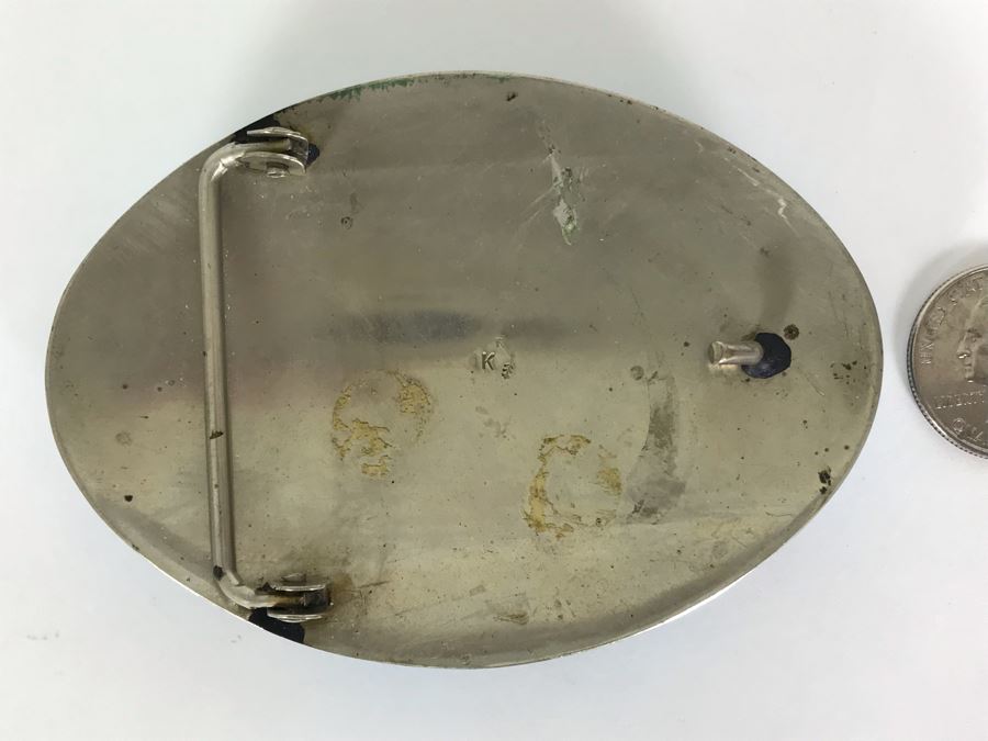 Large Signed Turquoise / Sterling Silver Belt Buckle Signed K (Believed To By Kay Johnson Navajo) 170g 3.5 X 2.5 [Photo 3]
