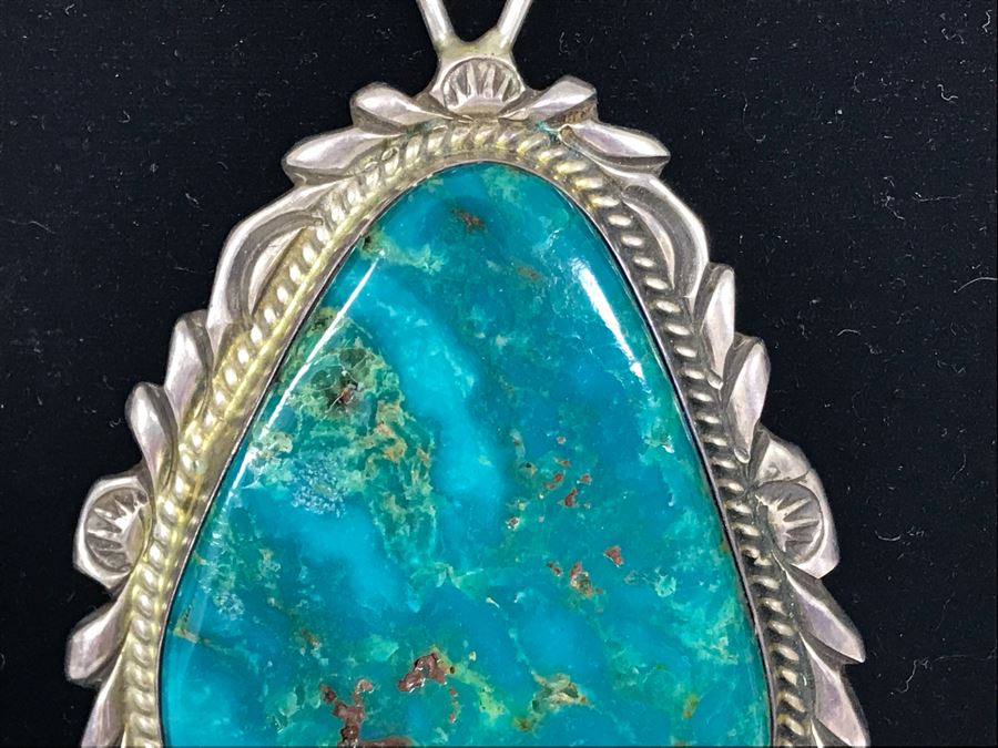 Vintage Native American Navajo Turquoise Pendant With Sterling Chain Necklace 64.8g [Photo 7]