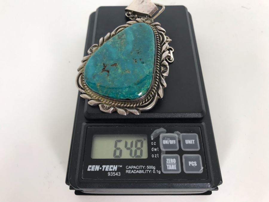Vintage Native American Navajo Turquoise Pendant With Sterling Chain Necklace 64.8g [Photo 13]