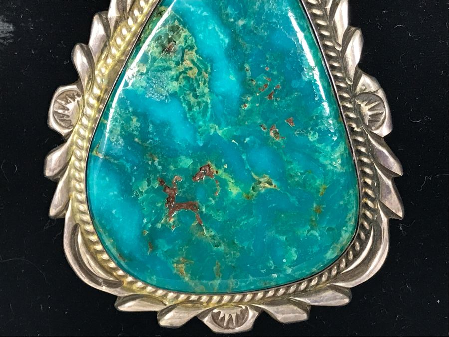 Vintage Native American Navajo Turquoise Pendant With Sterling Chain Necklace 64.8g [Photo 6]