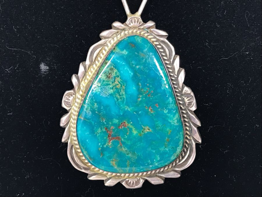 Vintage Native American Navajo Turquoise Pendant With Sterling Chain Necklace 64.8g [Photo 5]
