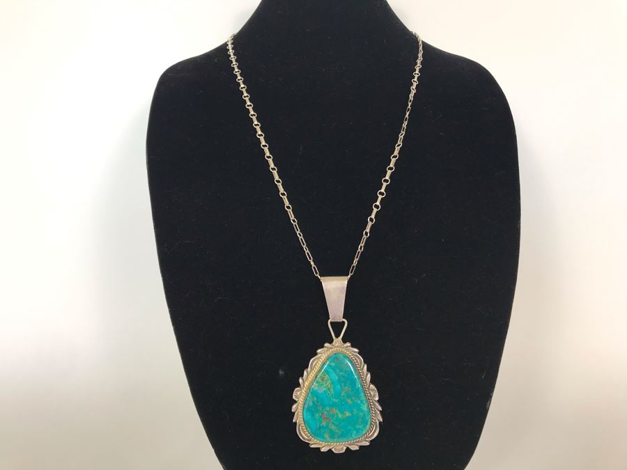 Vintage Native American Navajo Turquoise Pendant With Sterling Chain Necklace 64.8g [Photo 3]