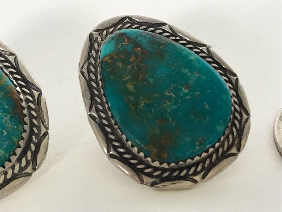 Pair Of Signed M. Begay Native American Navajo Sterling Silver / Turquoise Earrings 13.5g [Photo 6]