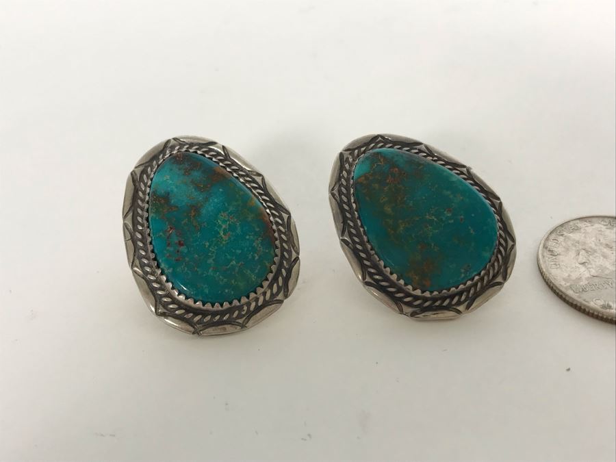 Pair Of Signed M. Begay Native American Navajo Sterling Silver / Turquoise Earrings 13.5g [Photo 3]