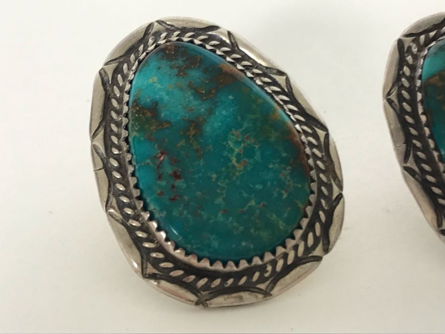 Pair Of Signed M. Begay Native American Navajo Sterling Silver / Turquoise Earrings 13.5g [Photo 5]