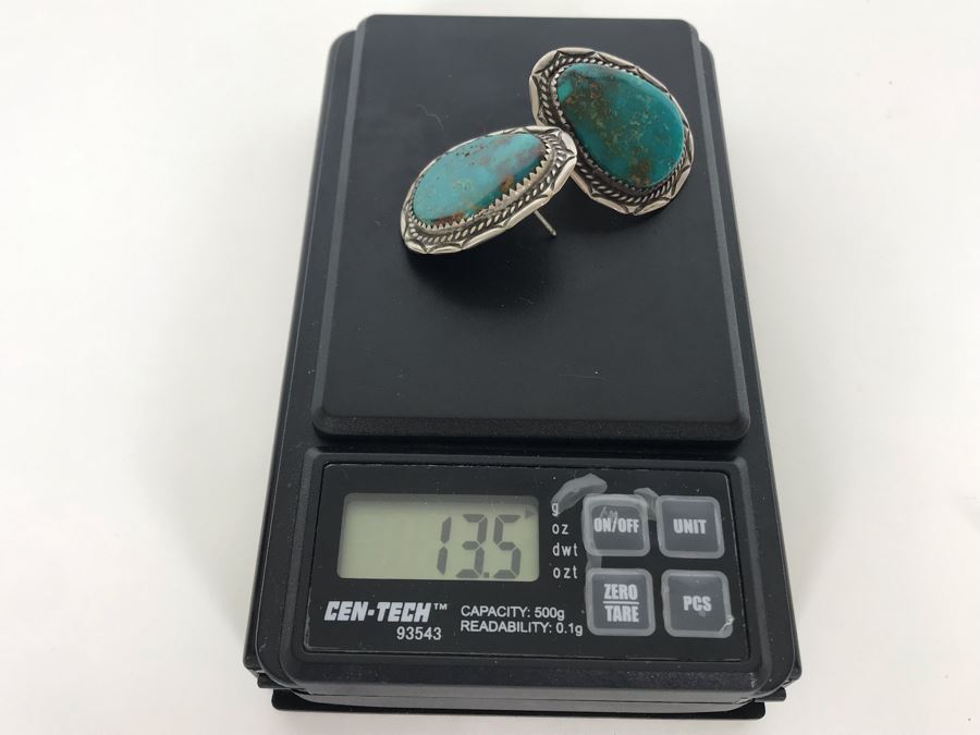 Pair Of Signed M. Begay Native American Navajo Sterling Silver / Turquoise Earrings 13.5g [Photo 10]