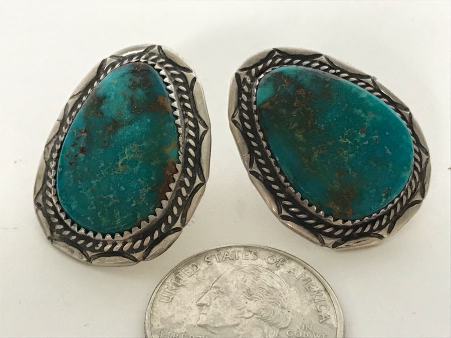 Pair Of Signed M. Begay Native American Navajo Sterling Silver / Turquoise Earrings 13.5g [Photo 1]