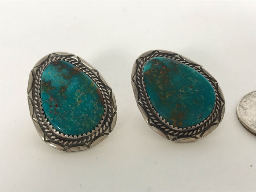 Pair Of Signed M. Begay Native American Navajo Sterling Silver / Turquoise Earrings 13.5g [Photo 4]