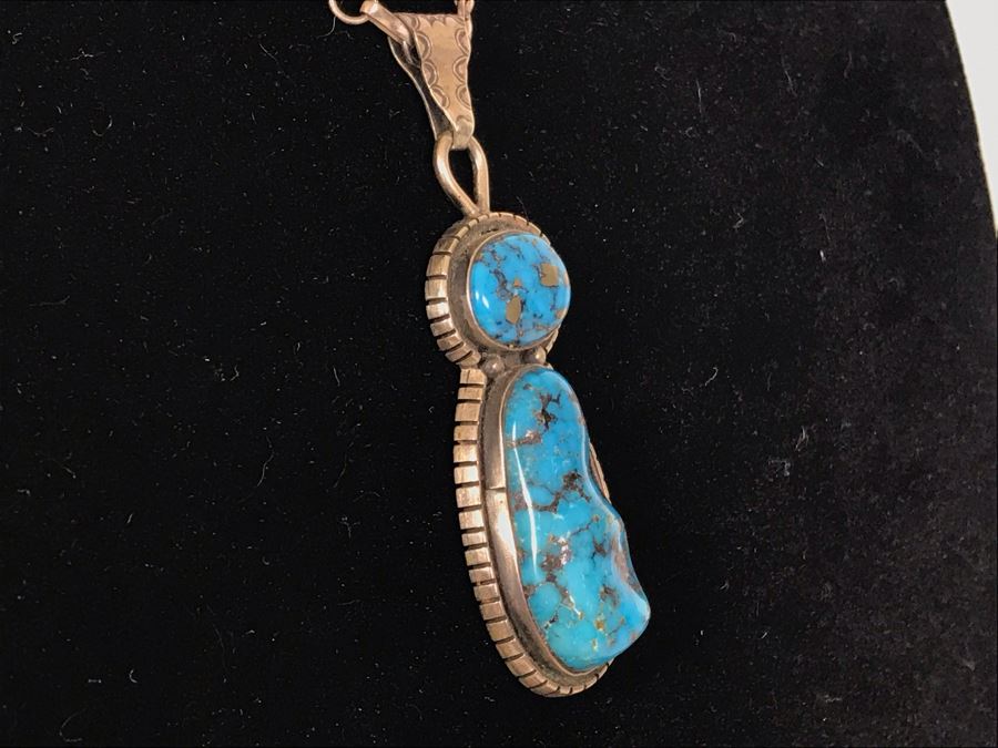 Tony Guerro Native American Navajo Sterling Turquoise Pendant With Sterling Silver Chain 30g [Photo 8]