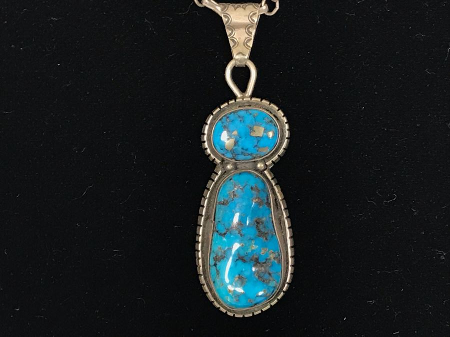 Tony Guerro Native American Navajo Sterling Turquoise Pendant With Sterling Silver Chain 30g [Photo 6]