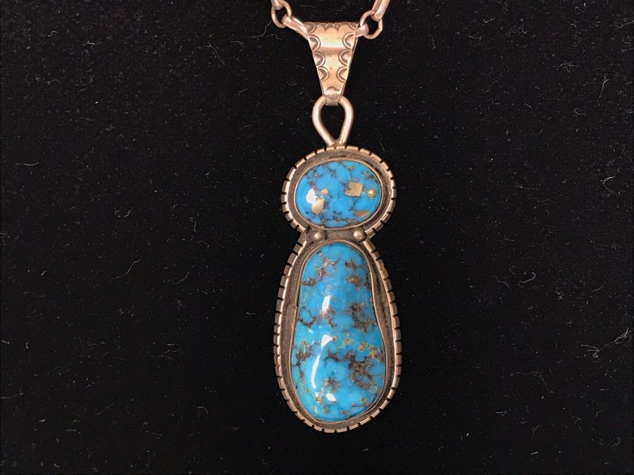 Tony Guerro Native American Navajo Sterling Turquoise Pendant With Sterling Silver Chain 30g [Photo 5]