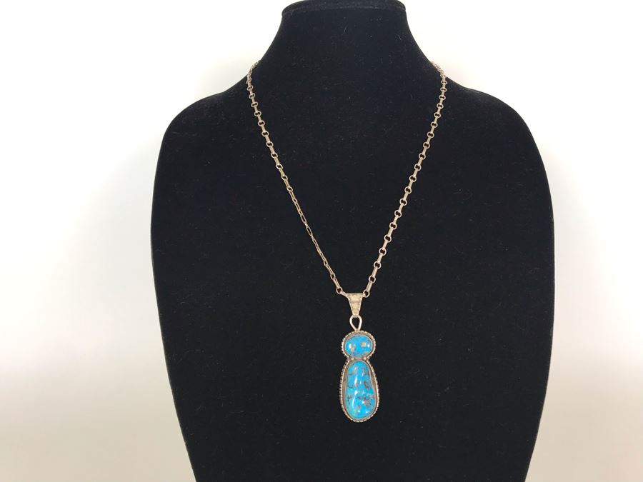 Tony Guerro Native American Navajo Sterling Turquoise Pendant With Sterling Silver Chain 30g [Photo 4]