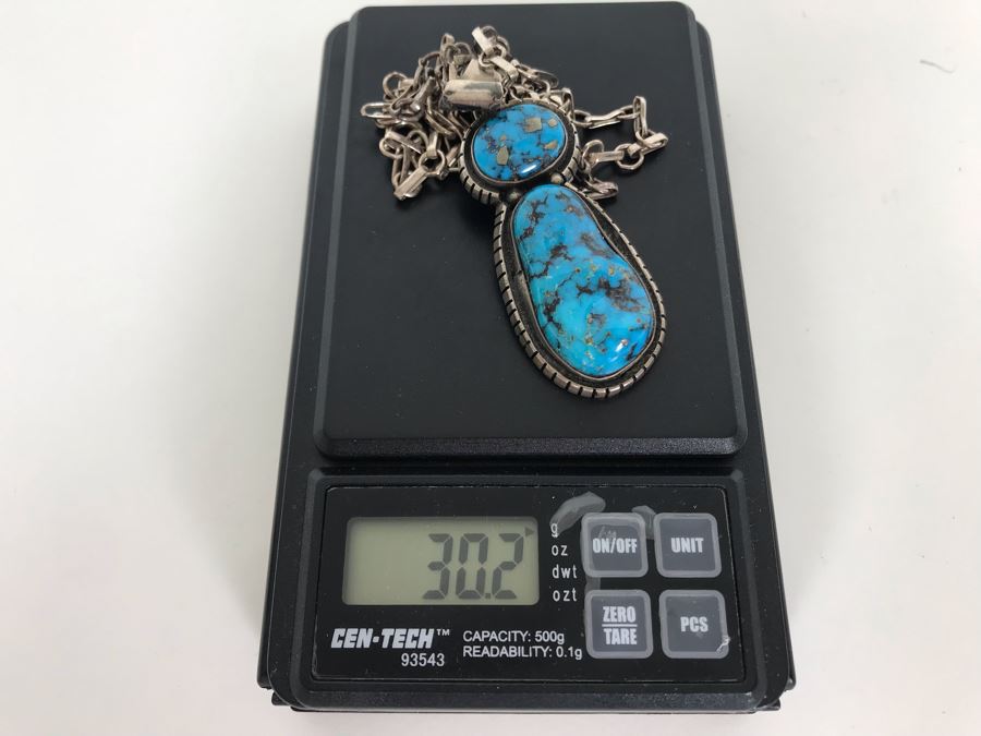 Tony Guerro Native American Navajo Sterling Turquoise Pendant With Sterling Silver Chain 30g [Photo 17]