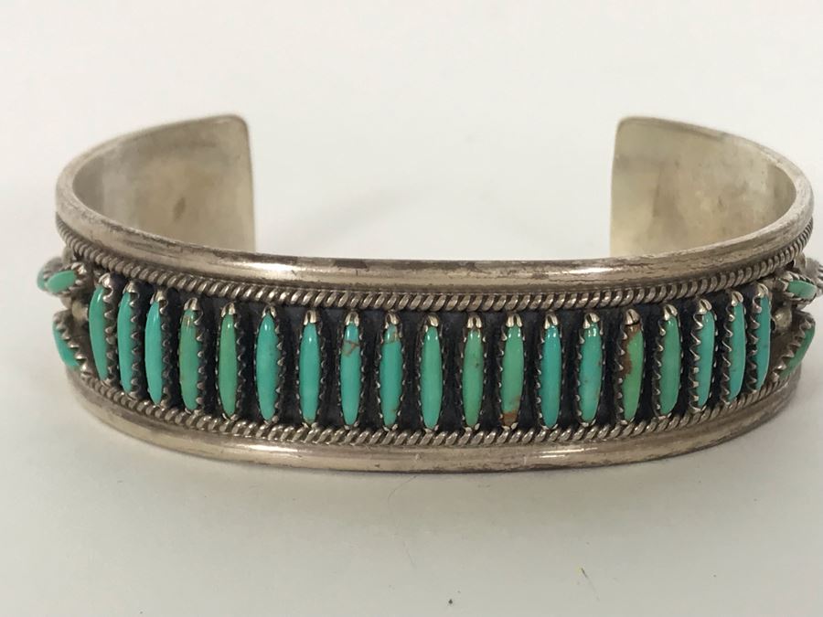 Signed F.M. Begay Navajo Native American Sterling Silver Turquoise Cuff Bracelet 27g [Photo 4]