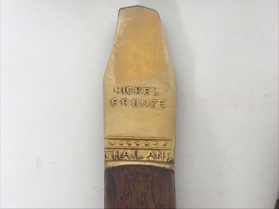 Nickel Bronze Thailand Salad Fork And Spoon Set Plus Vintage Brass Alligator Nutcracker [Photo 9]