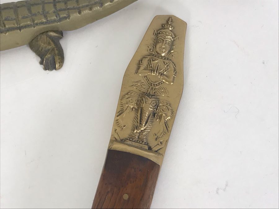 Nickel Bronze Thailand Salad Fork And Spoon Set Plus Vintage Brass Alligator Nutcracker [Photo 5]